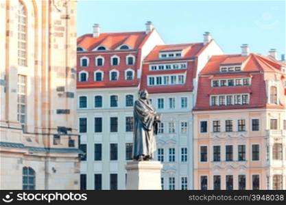 The statue of the reformer and theologian Martin Luther in front of the Frauenkirche.. Dresden. Monument to Martin Luther.