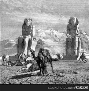 The statues of Memnon, vintage engraved illustration. Magasin Pittoresque 1857.