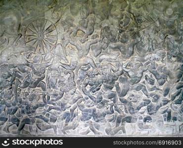 The stone carving all around on the wall at Angkor wat, Siem Reap, Cambodia