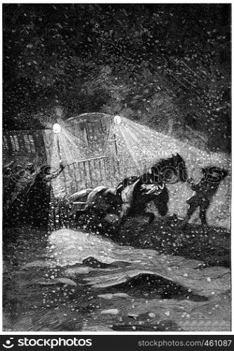 The storm raged with more fury, vintage engraved illustration. Jules Verne Cesar Cascabel, 1890.