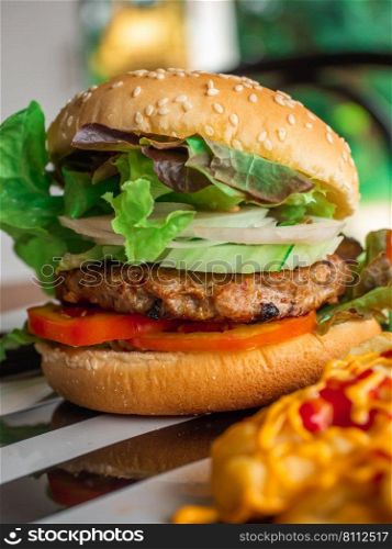 The Straight on Angle of Hamburger or Burger. Food concept.