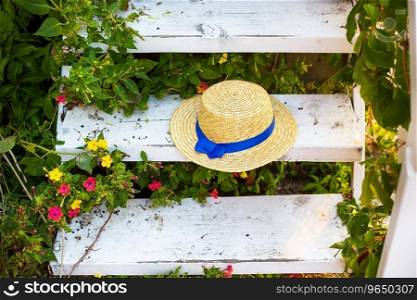 The straw hat on the wooden staircase is surrounded by greenery