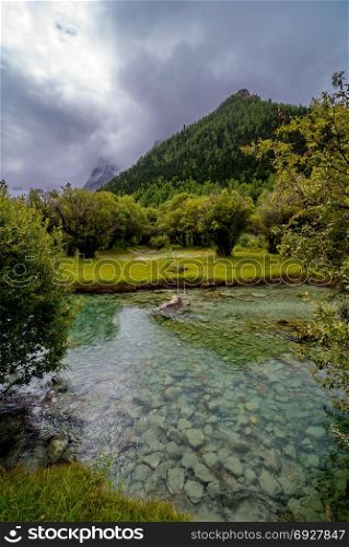 The stream flows through the mountains and pastures in Yading Nature Reserve, Daocheng County, Sichuan, China.