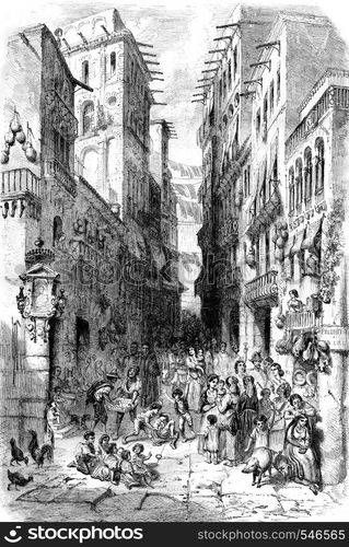 The street bonito da San Lucia, Naples, vintage engraved illustration. Magasin Pittoresque 1861.