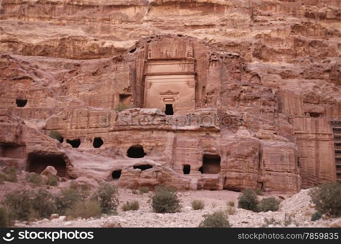 the street of Facades or Necropolis in the Temple city of Petra in Jordan in the middle east.. ASIA MIDDLE EAST JORDAN ETRA