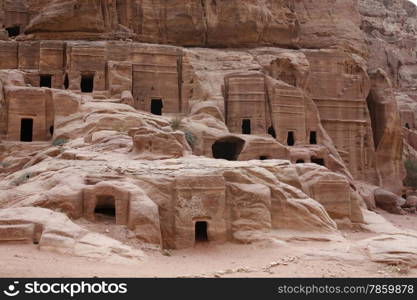 the street of Facades or Necropolis in the Temple city of Petra in Jordan in the middle east.. ASIA MIDDLE EAST JORDAN ETRA