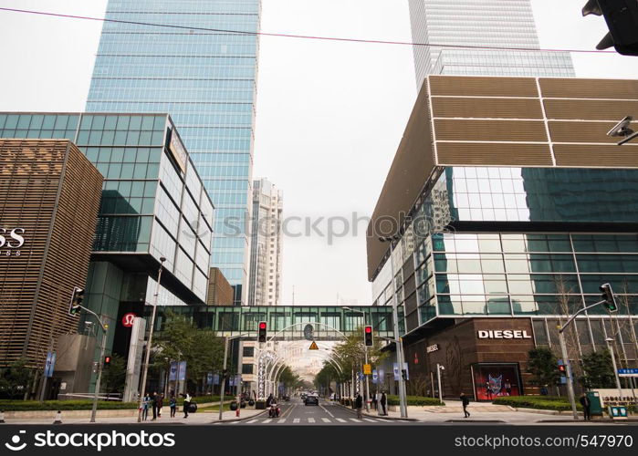 the street scene of the century avenue in shanghai,China.. Shanghai, China - January 15, 2018: the street scene of the century avenue in shanghai, China