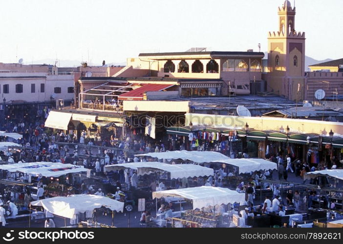 The Streetfood and Nightlife at the Djemma del Fna Square in the old town of Marrakesh in Morocco in North Africa.&#xA;