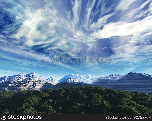 The strong storm sky above snow tops of mountains