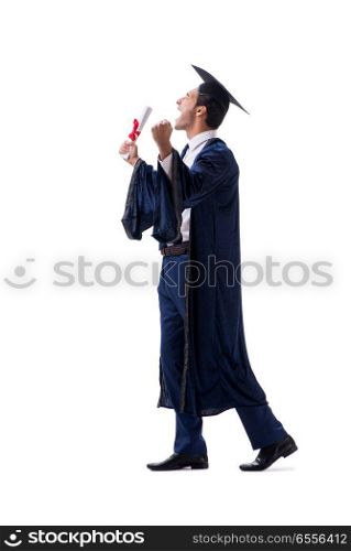 The student excited at his graduation isolated on white. Student excited at his graduation isolated on white