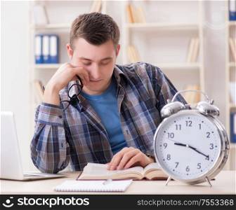 The student getting late with exam preparation. Student getting late with exam preparation