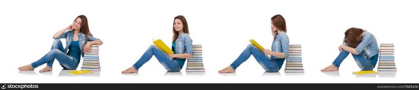 The student girl with books on white. Student girl with books on white