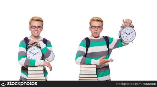 The student missing his deadlines isolated on white. Student missing his deadlines isolated on white
