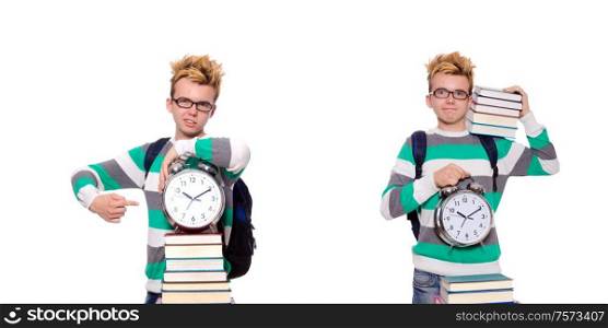 The student missing his deadlines isolated on white. Student missing his deadlines isolated on white