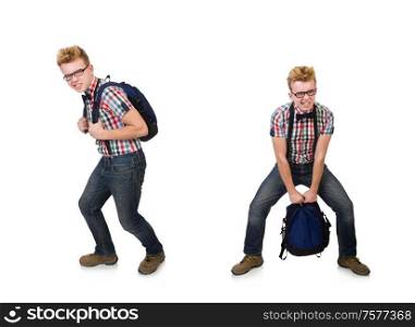 The student with heavy bag isolated on white. Student with heavy bag isolated on white