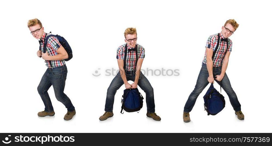 The student with heavy bag isolated on white. Student with heavy bag isolated on white