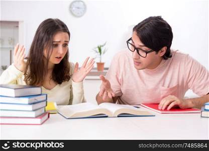 The students preparing for exam together at home. Students preparing for exam together at home