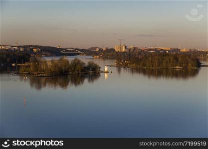 The suburbs of Stockholm and Lake Malaren in the rays of the rising sun