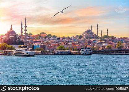 The Suleymaniye Mosque and the Rustem Pasha Mosque, view from the Bosphorus, Istanbul, Turkey.. The Suleymaniye Mosque and the Rustem Pasha Mosque, view from the Bosphorus, Istanbul, Turkey