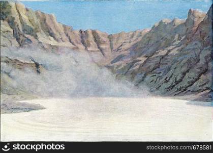 The sulphurous milk lake in the crater of Poas in Costarica, vintage engraved illustration. From the Universe and Humanity, 1910.