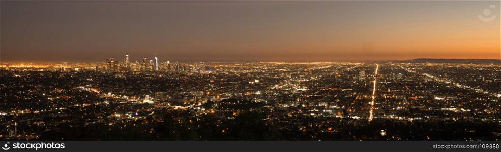 The sun a=has already set in this aerial view of the city skyline Los Angeles