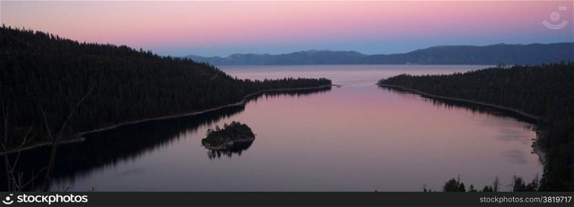 The sun has set leaving purple mutted hues on Emerald Bay