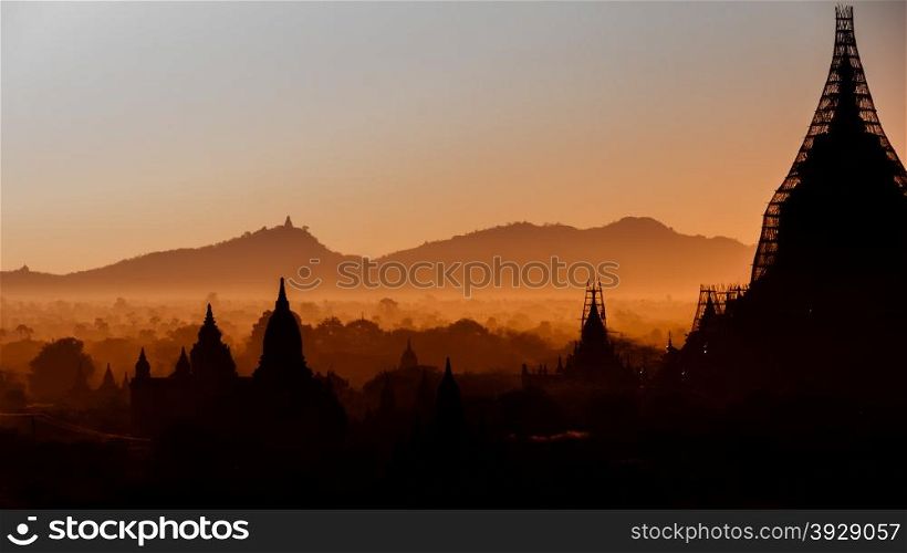 The sun is rising over the temples of Bagan. Early morning in Bagan