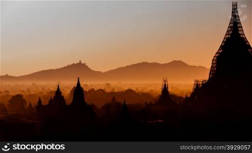 The sun is rising over the temples of Bagan. Early morning in Bagan