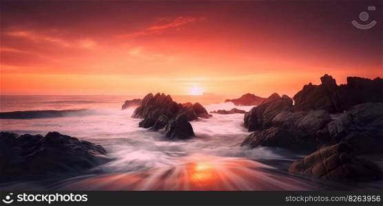 The sun is setting over a rocky beach. AI generative.. The sun is setting over a rocky beach. AI generative image.