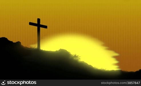 The sun rises behind Jesus&acute;s cross. Just put in reverse to make a sunset. The silhouette image was drawn entirely in Photoshop.
