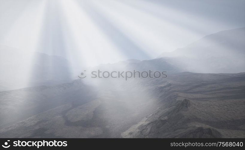 the sun&rsquo;s rays against the backdrop of the mountains and the lava-rocky wet shore in the foreground. Sun Rays against the Backdrop of the Mountains