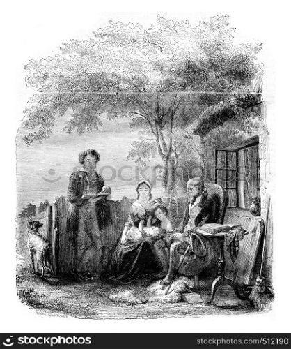 The Sunday morning, vintage engraved illustration. Magasin Pittoresque 1844.