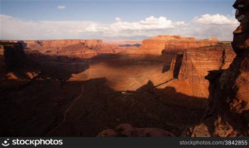 The sunset comes early deep in the canyon in Canyonlands National Park