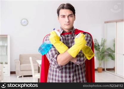 The super hero cleaner doing housework