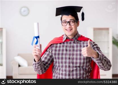 The super hero student graduating wearing mortar board cap . Super hero student graduating wearing mortar board cap