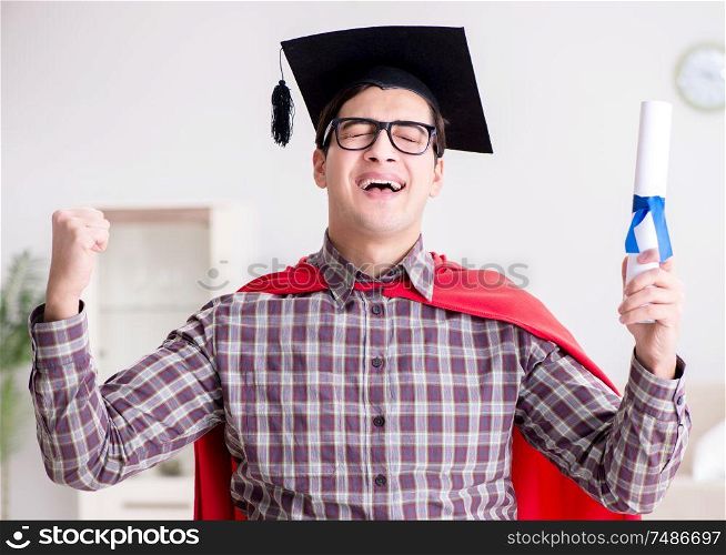 The super hero student graduating wearing mortar board cap. Super hero student graduating wearing mortar board cap
