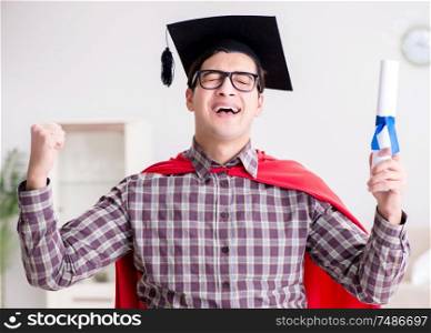 The super hero student graduating wearing mortar board cap. Super hero student graduating wearing mortar board cap