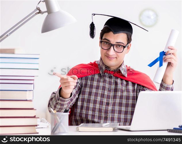 The super hero student wearing a mortarboard studying. Super hero student wearing a mortarboard studying