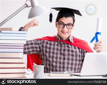 The super hero student wearing a mortarboard studying. Super hero student wearing a mortarboard studying