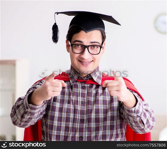 The super hero student wearing mortarboard in a red cloak. Super hero student wearing mortarboard in a red cloak