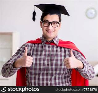 The super hero student wearing mortarboard in a red cloak. Super hero student wearing mortarboard in a red cloak