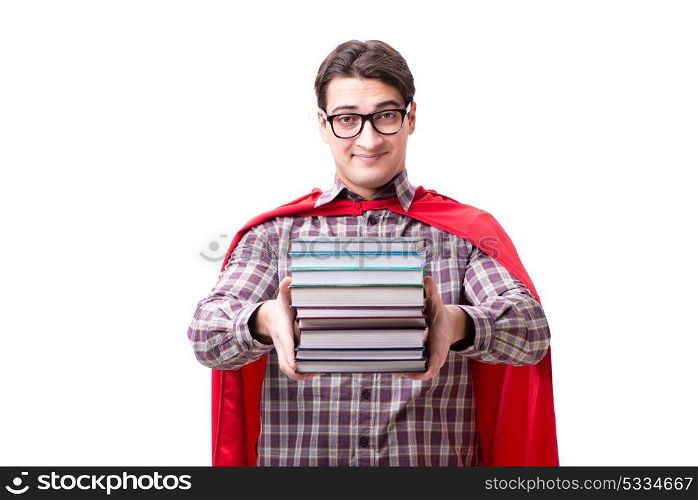 The super hero student with books isolated on white. Super hero student with books isolated on white