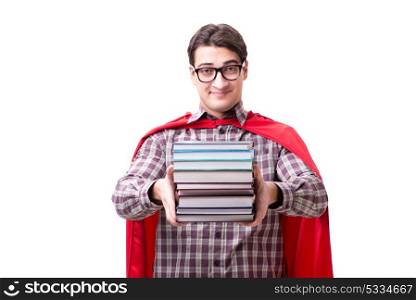 The super hero student with books isolated on white. Super hero student with books isolated on white