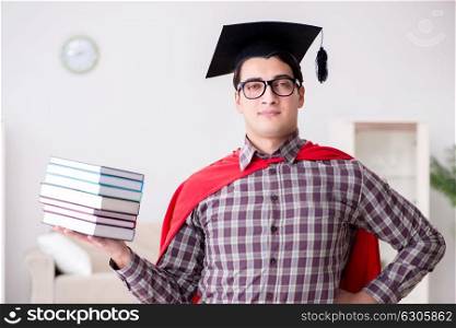 The super hero student with books studying for exams. Super hero student with books studying for exams