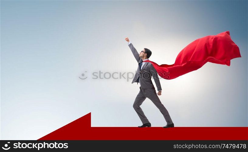 The superhero businessman standing on arrow. Superhero businessman standing on arrow
