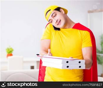 The superhero pizza delivery guy with red cover. Superhero pizza delivery guy with red cover