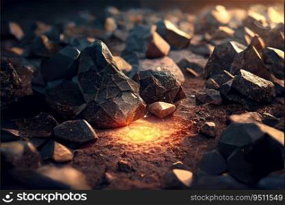 The surface of the earth in close-up with stones and glow light. Generative AI design. The surface of the earth in close-up with stones and glow. Generative AI