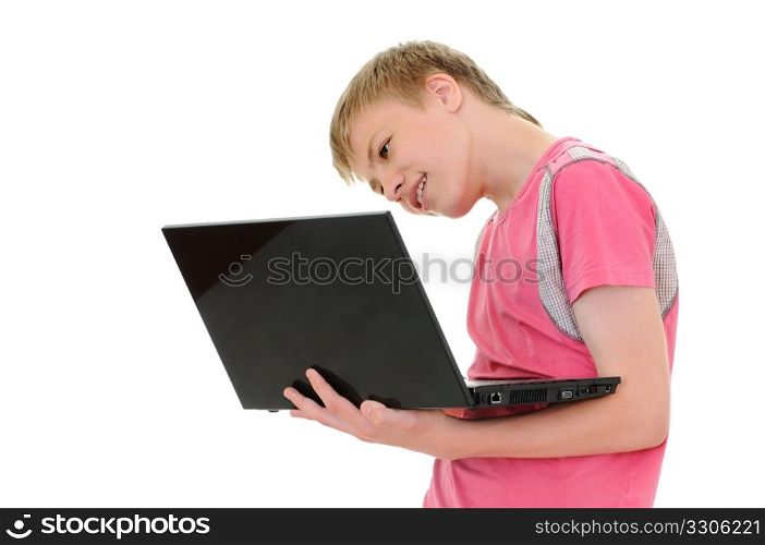 The surprised teenager with laptop isolated on white background