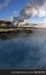 The Svartsengi Geothermal Power Station located about 4 km north of Grindavik in Iceland. Surplus mineral-rich water from the plant fills up the nearby Blue Lagoon, a popular bathing resort.