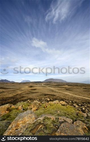 The table mountains and the volcanoes of the Katla System in Iceland, with the empty barren lava fields in the Middalsfjall region